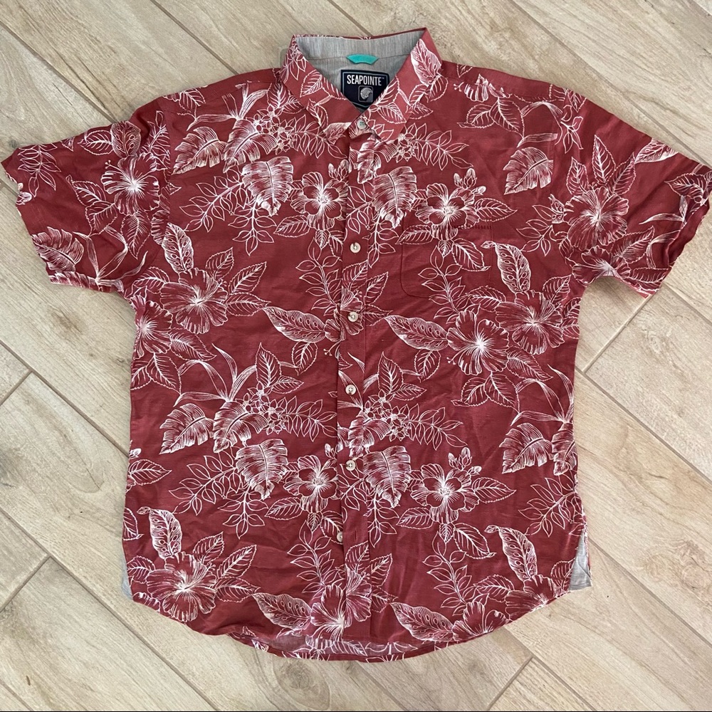 Seapointe Men Button Down Hawaiian Shirt Red Large
